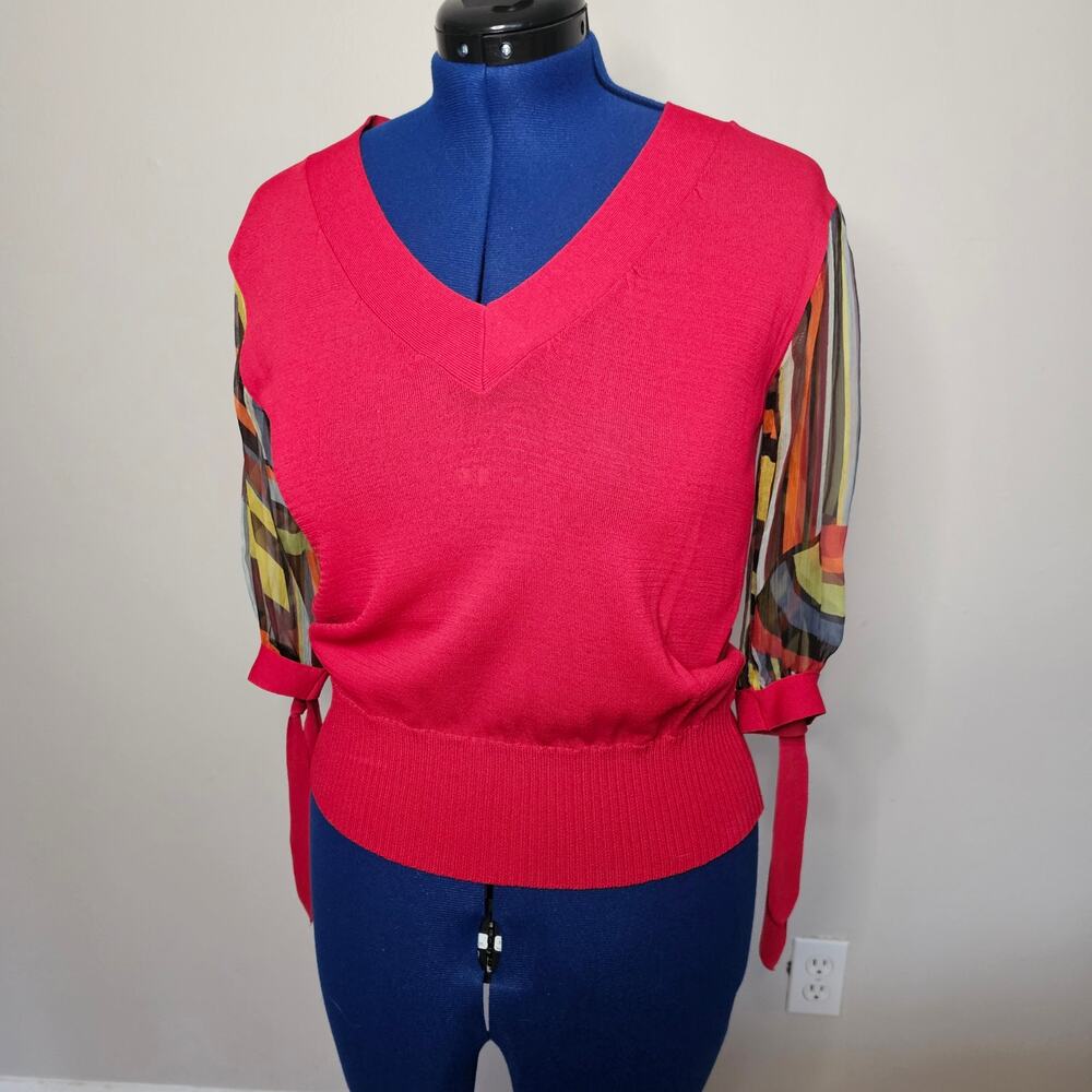 Yuka Red V Neck knit top with Shear Multicolor 3/4 sleeves and knit bow tie XL